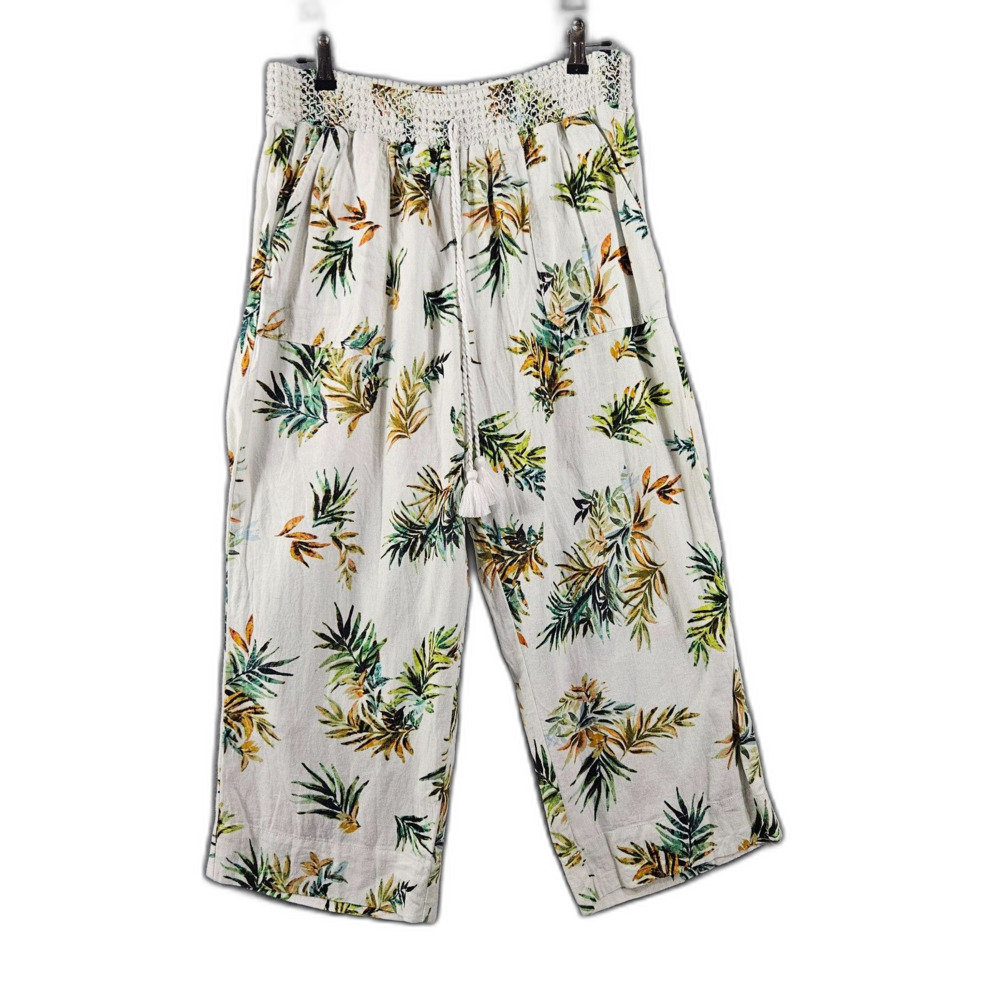 New Westbound XL Linen Blend Pants Hawaiian Print Wide Leg Flowy Shirred Waist